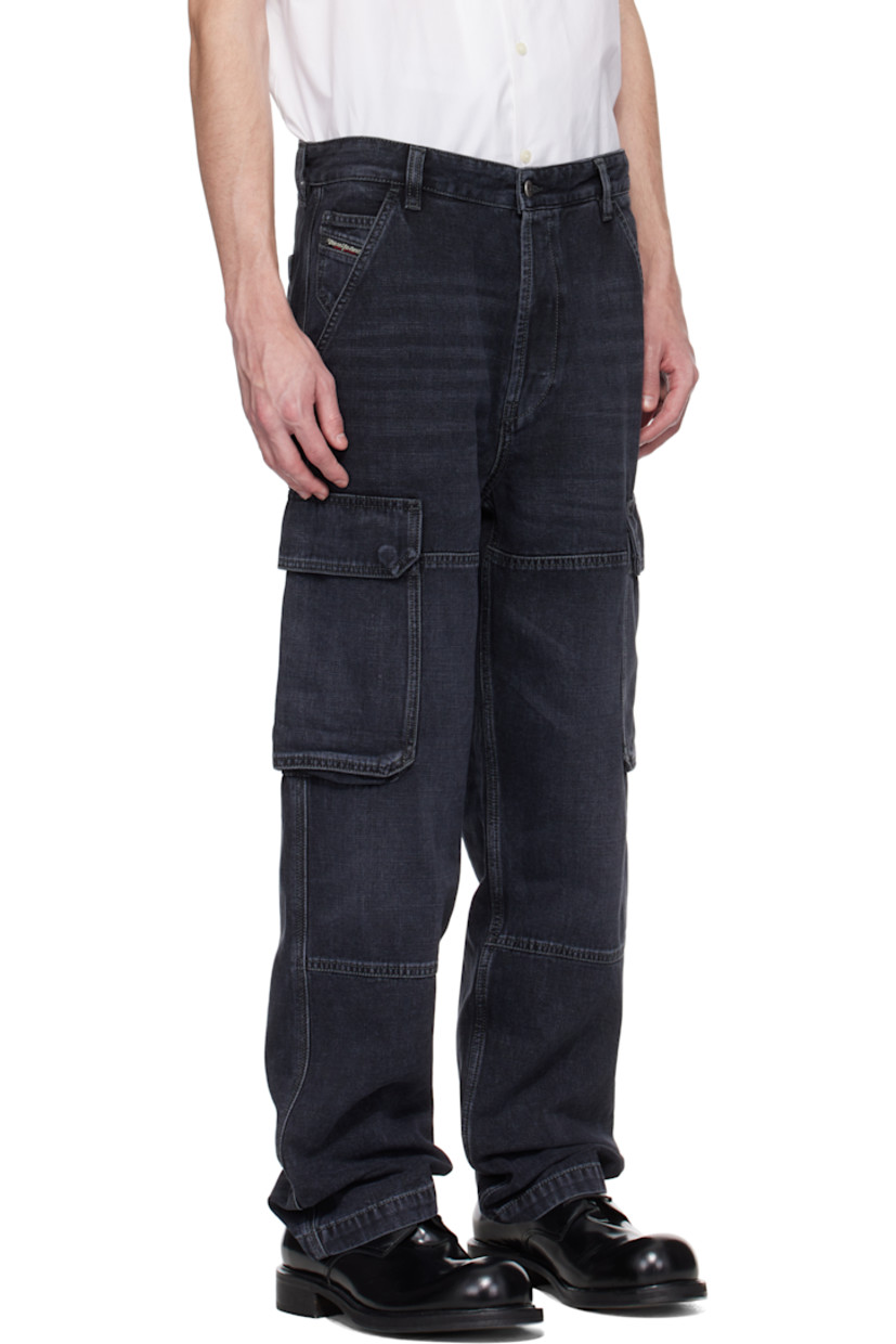 Non-stretch denim jeans. Fading, whiskering, and subtle distressing throughout. 

· Mid-rise
· Belt loops 
· Five-pocket styling 
· Button fly 
· Logo patch at coin pocket 
· Cargo pocket at outseams
· Logo hardware at back waistband 
· Logo-engraved gunmetal-tone hardware 
· Contrast stitching in tan

Supplier color: Black