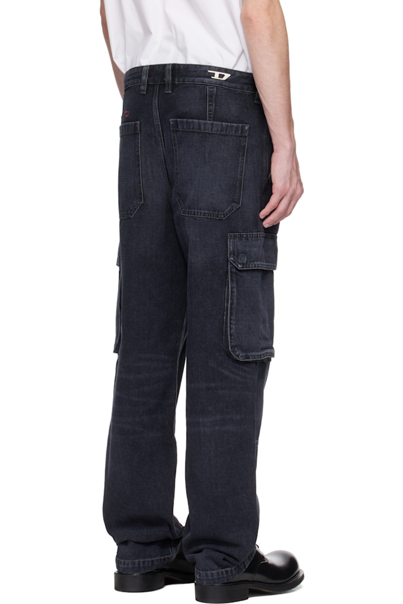 Non-stretch denim jeans. Fading, whiskering, and subtle distressing throughout. 

· Mid-rise
· Belt loops 
· Five-pocket styling 
· Button fly 
· Logo patch at coin pocket 
· Cargo pocket at outseams
· Logo hardware at back waistband 
· Logo-engraved gunmetal-tone hardware 
· Contrast stitching in tan

Supplier color: Black