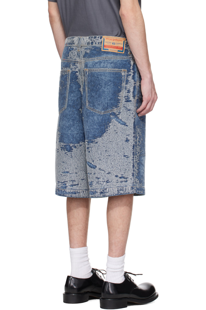 Non-stretch denim shorts. Laser-etched fading, whiskering, and distressing throughout. 

· Belt loops
· Five-pocket styling
· Button fly
· Logo patch at coin pocket and back waistband
· Logo-engraved antiqued silver-tone hardware
· Contrast stitching in tan

Supplier color: Blue