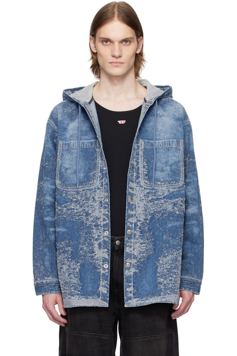 Non-stretch denim hoodie. Fading and distressing throughout.

· Drawstring at hood
· Press-stud closure
· Patch pockets
· Shirttail hem
· Logo embroidered at sleeve
· Press-stud barrel cuffs
· Pleats at back yoke

Supplier color: Medium blue