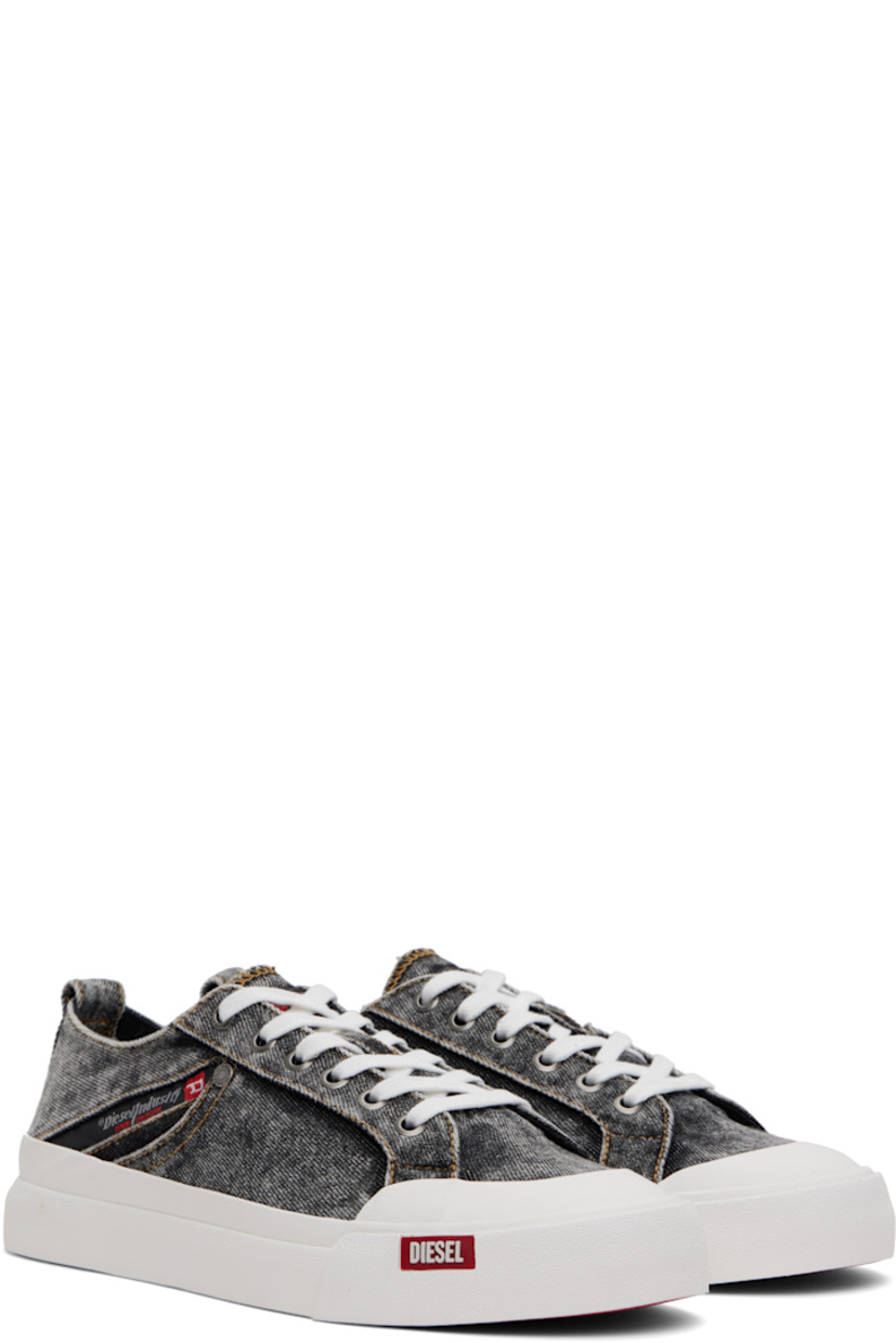 Low-top denim sneakers in gray and white.

· Fading throughout
· Rubber cap toe
· Lace-up closure
· Logo patch at tongue and outer side
· Pull-loop at heel collar
· Welt pocket at outer side
· Cotton canvas lining
· Logo patch at textured rubber midsole
· Treaded rubber sole

Supplier color: Black
