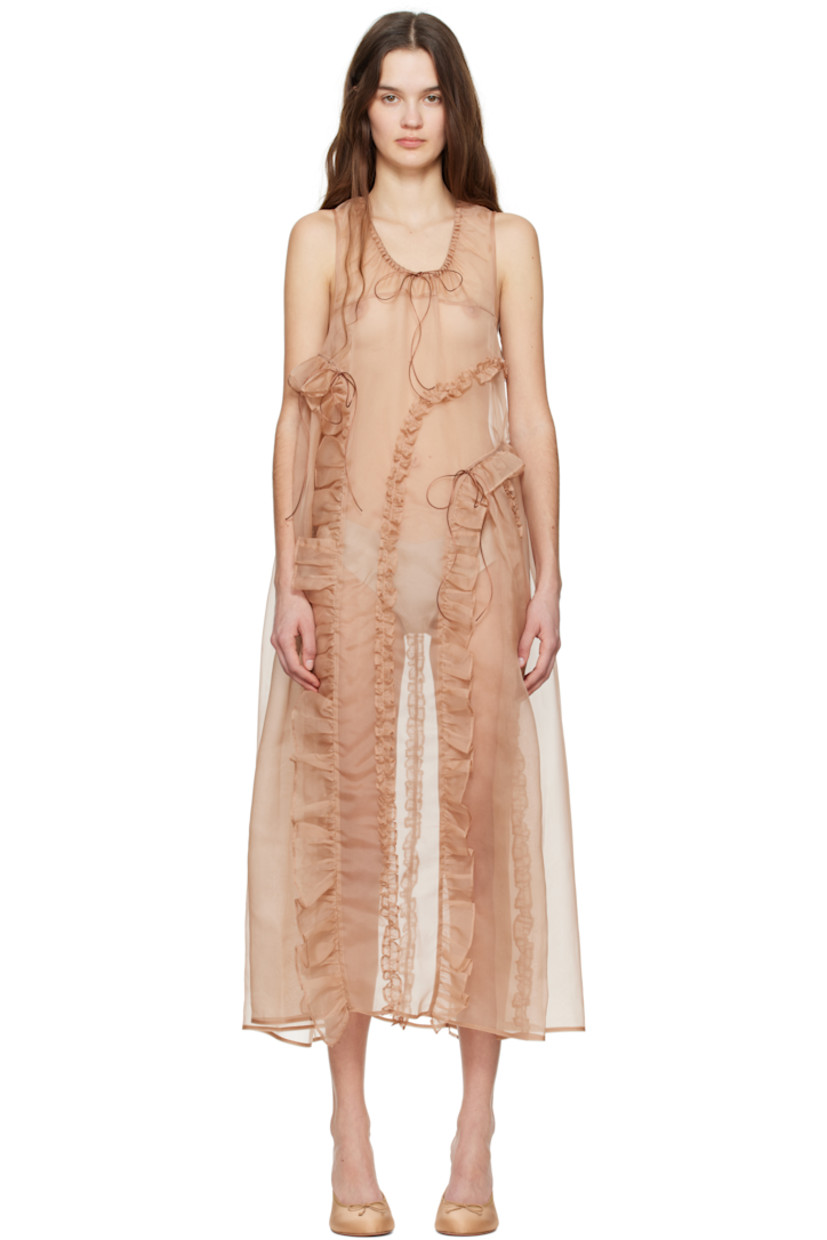 Semi-sheer silk organza midi dress. Ruffled trim throughout.

· Positive Luxury Butterfly Mark-certified
· Tiered construction 
· Gathering at scoop neck 
· Self-tie fastening at chest and front 

Supplier color: Chestnut
