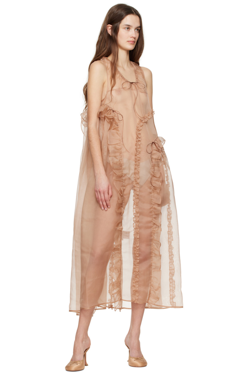Semi-sheer silk organza midi dress. Ruffled trim throughout.

· Positive Luxury Butterfly Mark-certified
· Tiered construction 
· Gathering at scoop neck 
· Self-tie fastening at chest and front 

Supplier color: Chestnut