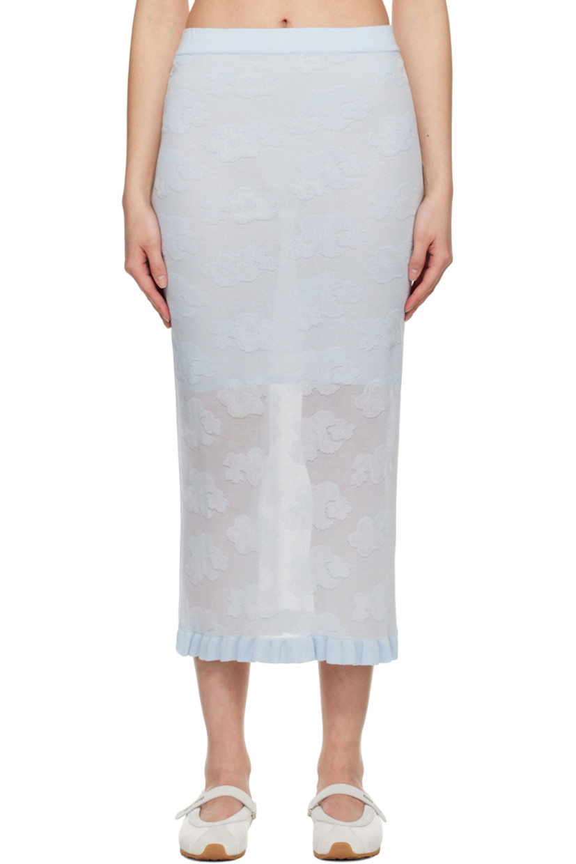 Semi-sheer knit cotton-blend midi skirt. Jacquard floral pattern throughout.

· Elasticized waistband
· Ruffled rib-knit trim at hem

Supplier color: Light blue
