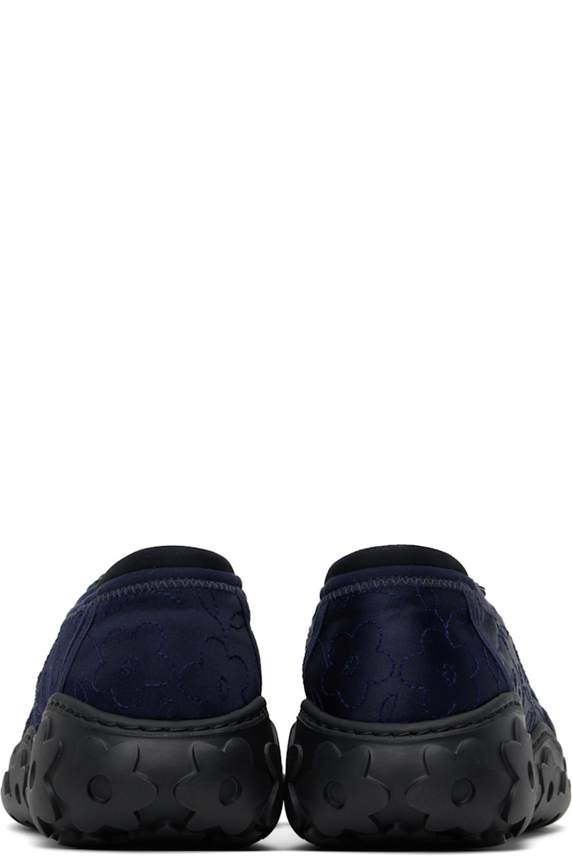Low-top satin sneakers in navy.

· Positive Luxury Butterfly Mark-certified
· Floral pattern embroidered throughout
· Textured rubber cap toe
· Floral appliqués at toggle closure 
· Bonded jersey trim at heel collar
· Logo patch at footbed
· Microfibre lining
· Floral pattern embossed at rubber sole

Supplier color: Dark blue