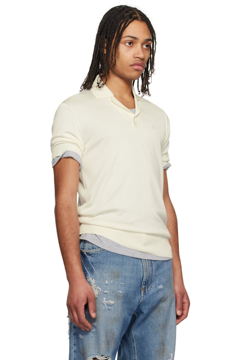 18-gauge knit silk polo.

· Rib-knit open spread collar, hem, and cuffs
· Logo embroidered at chest

Supplier color: White