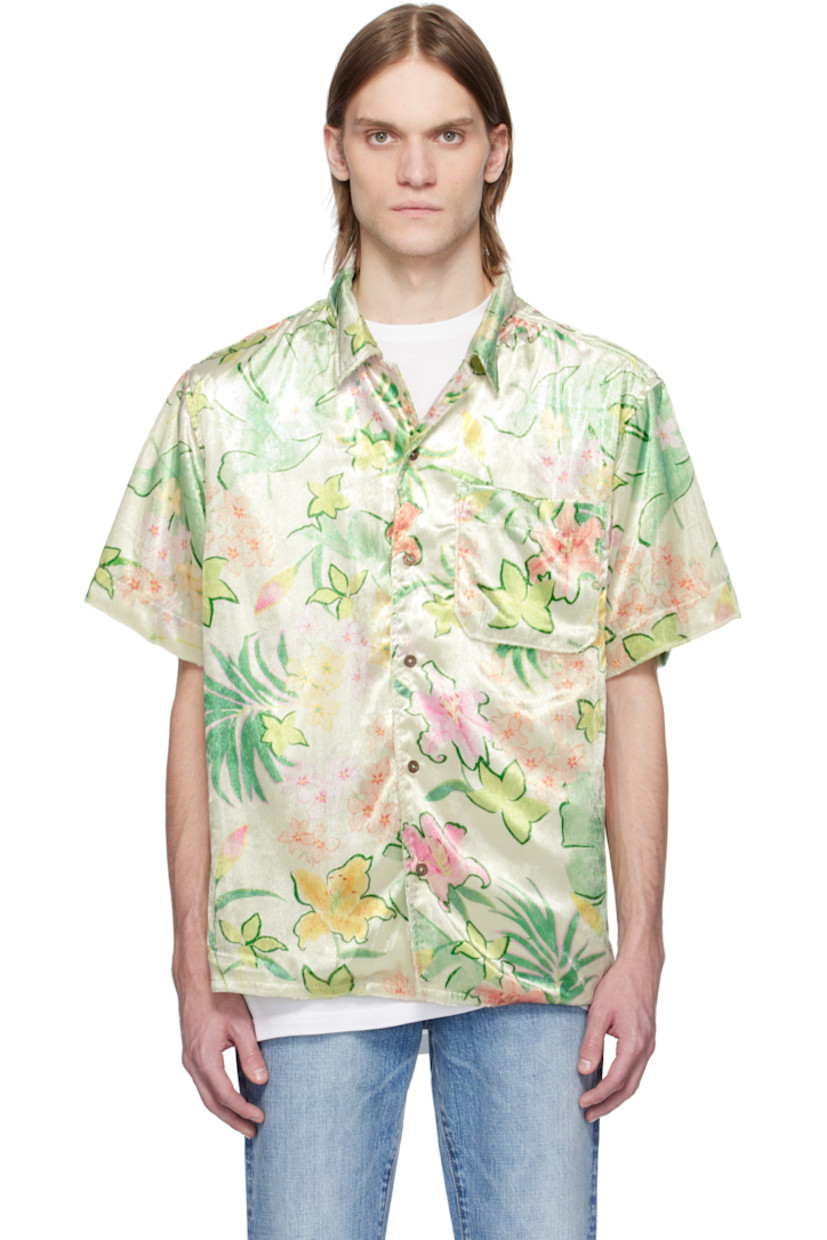 Polyester velour shirt. Floral pattern printed throughout.

· Open spread collar
· Button closure
· Patch pocket at chest
· Vented side seams

Supplier color: Multi-color floral