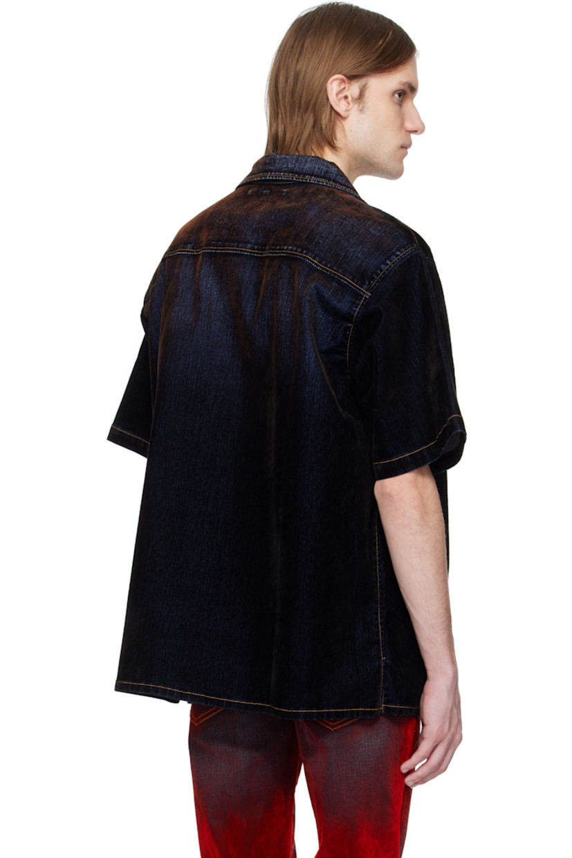 Flocked stretch denim shirt. Fading throughout.

· Open spread collar
· Press-stud closure
· Patch pocket
· Vented side seams
· Logo-engraved antiqued silver-tone hardware
· Contrast stitching in tan

Supplier color: Di niro black