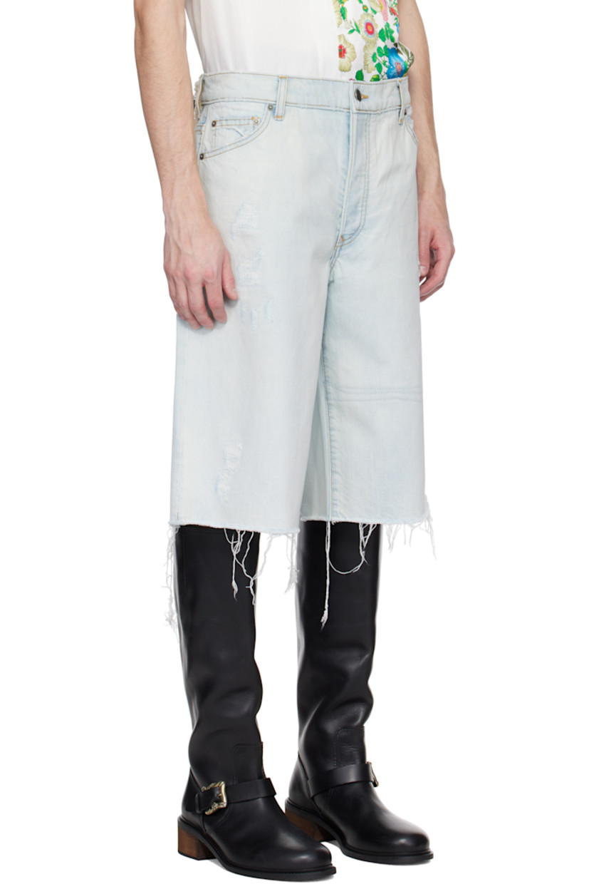 Non-stretch denim shorts. Fading and distressing throughout.

· Belt loops
· Five-pocket styling
· Button fly
· Topstitching at legs
· Frayed edge at cuffs
· Sherpa fleece logo patch at back waistband
· Logo-engraved antiqued silver-tone hardware
· Contrast stitching in tan

Supplier color: Thames wash