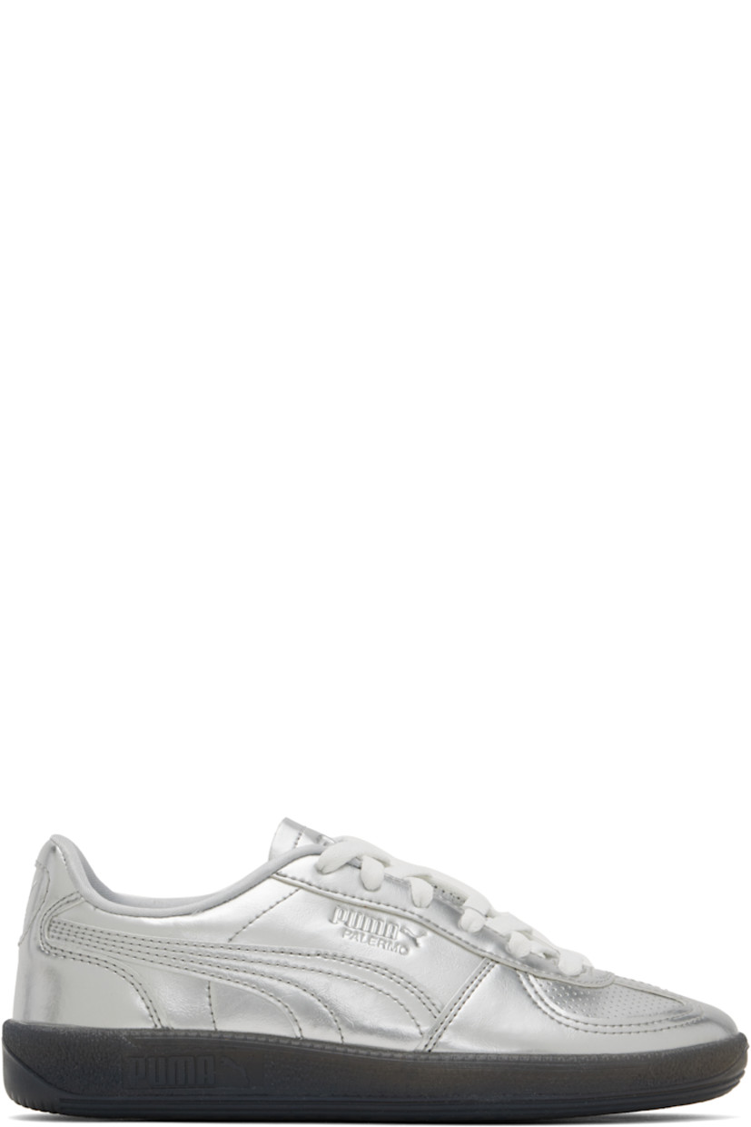 Low-top grained faux-leather sneakers in metallic silver tone.

· Perforations at toe
· Lace-up closure
· Logo embossed at tongue and outer side
· Padded collar
· Formstrip at sides
· Logo printed at heel tab
· Jersey lining
· Logo embossed at textured rubber midsole
· Treaded rubber sole

Supplier color: PUMA silver/PUMA black