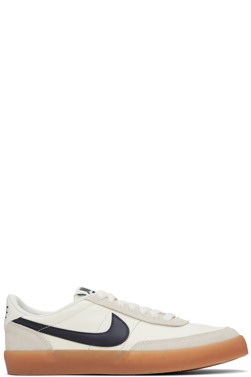 Low-top suede and buffed leather sneakers in white.

· Lace-up closure
· Logo patch at padded tongue
· Padded collar
· Swoosh appliqué at sides
· Logo printed at heel tab
· Jersey lining
· Treaded gum rubber sole

Please note that this item may be shipped only within North America.

Supplier color: Sail/Gum yellow/Oil grey