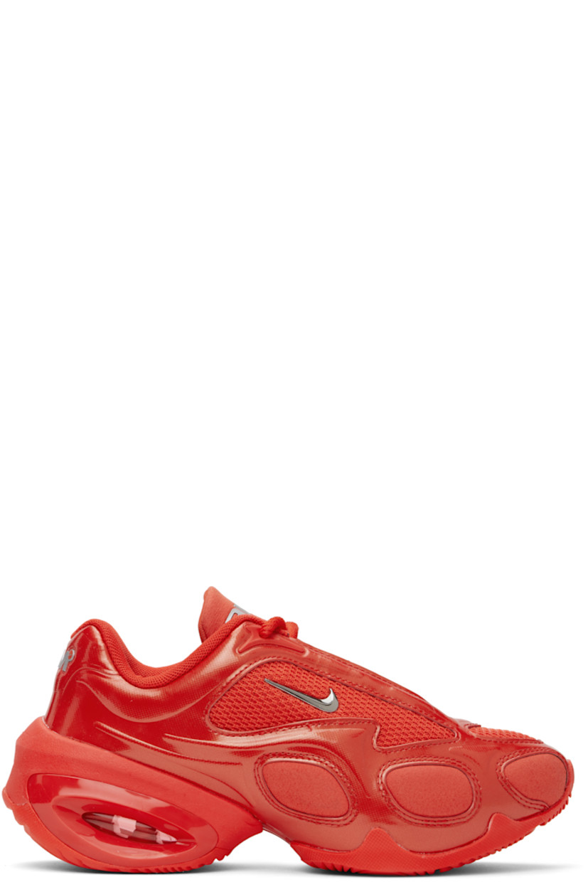 Low-top mesh, patent faux-leather, and faux-suede sneakers in red.

· Lace-up closure
· Logo bonded at padded tongue and heel tab
· Padded collar
· Silver-tone Swoosh appliqué at sides
· Air Max unit at foam rubber midsole
· Treaded rubber sole

Please note that this item may be shipped only within North America.

Supplier color: Habanero red/Pure platinum/Metallic silver