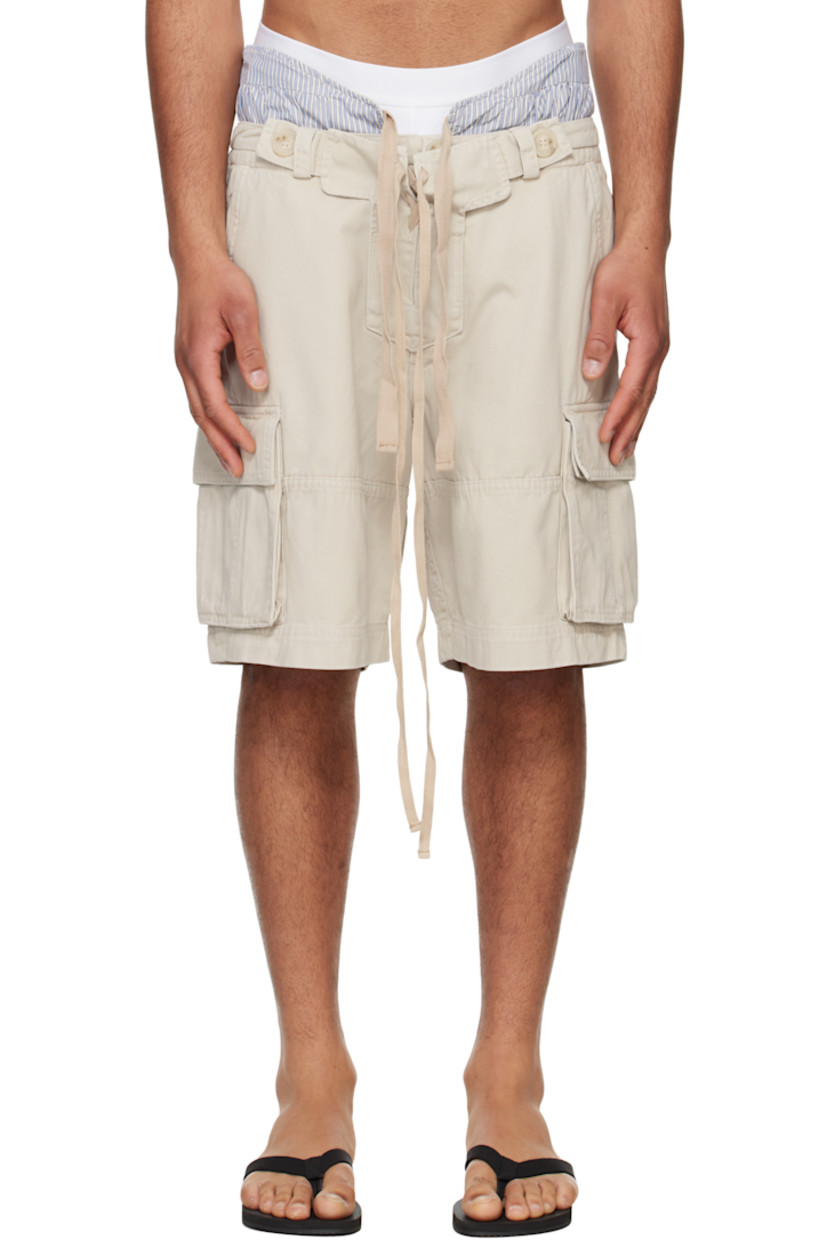 Cotton twill shorts. Drawstring and adjustable button tabs at layered waistband.
 
· Stripes at waistband
· Belt loops
· Four-pocket styling 
· Zip fly and exposed lace-up fly
· Cargo pocket at outseams

Supplier color: Stone/Stripe