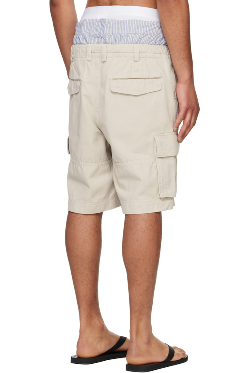 Cotton twill shorts. Drawstring and adjustable button tabs at layered waistband.
 
· Stripes at waistband
· Belt loops
· Four-pocket styling 
· Zip fly and exposed lace-up fly
· Cargo pocket at outseams

Supplier color: Stone/Stripe