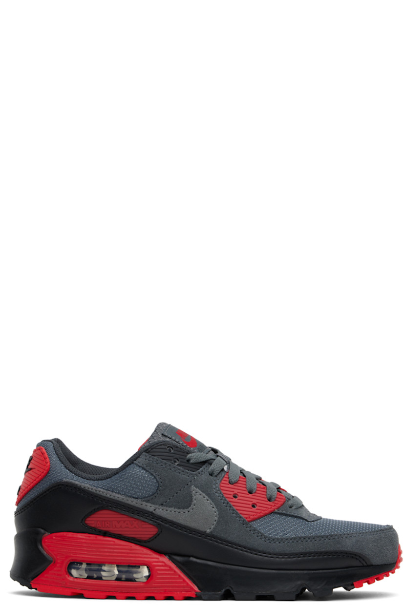 Low-top suede, buffed leather, and mesh sneakers in gray and red.

· Lace-up closure
· Logo patch at padded tongue
· Padded collar
· Rubberized trim at sides
· Swoosh appliqué 
· Rubberized logo patch at heel tab
· Air Max unit at foam rubber midsole
· Treaded rubber sole

Please note that this item may be shipped only within North America.

Supplier color: Black/Iron grey/Fire red/Smoke grey