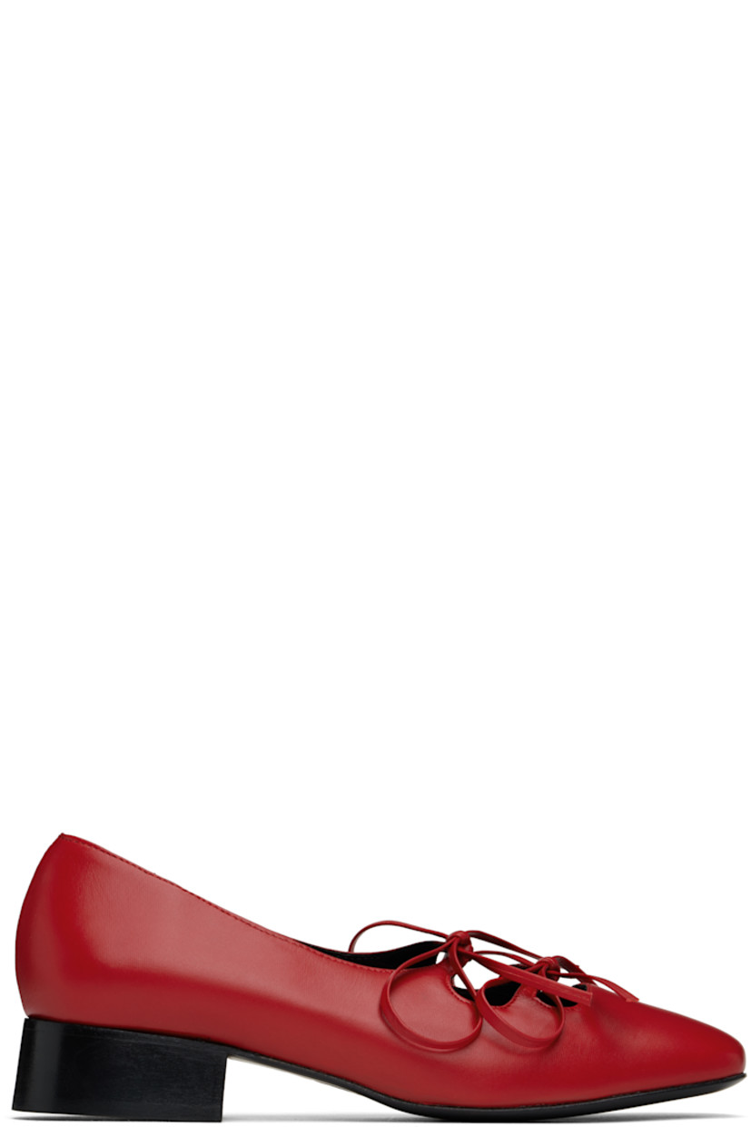 Handcrafted buffed nappa leather Mary Jane-style ballerina flats in red.

· Square toe
· Self-tie bow accents at vamp
· Logo embossed at padded footbed
· Buffed leather and suede lining
· Stacked leather heel with rubber injection
· Polished leather sole
· Heel: H1.25"

Supplier color: Red