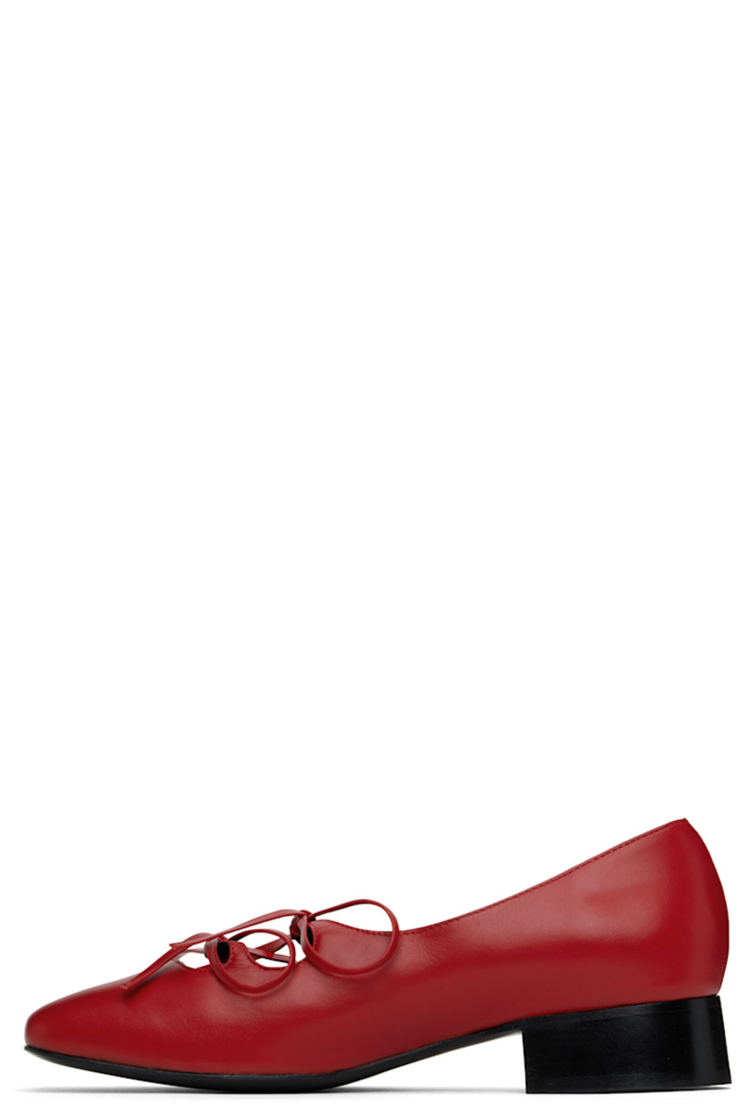 Handcrafted buffed nappa leather Mary Jane-style ballerina flats in red.

· Square toe
· Self-tie bow accents at vamp
· Logo embossed at padded footbed
· Buffed leather and suede lining
· Stacked leather heel with rubber injection
· Polished leather sole
· Heel: H1.25"

Supplier color: Red
