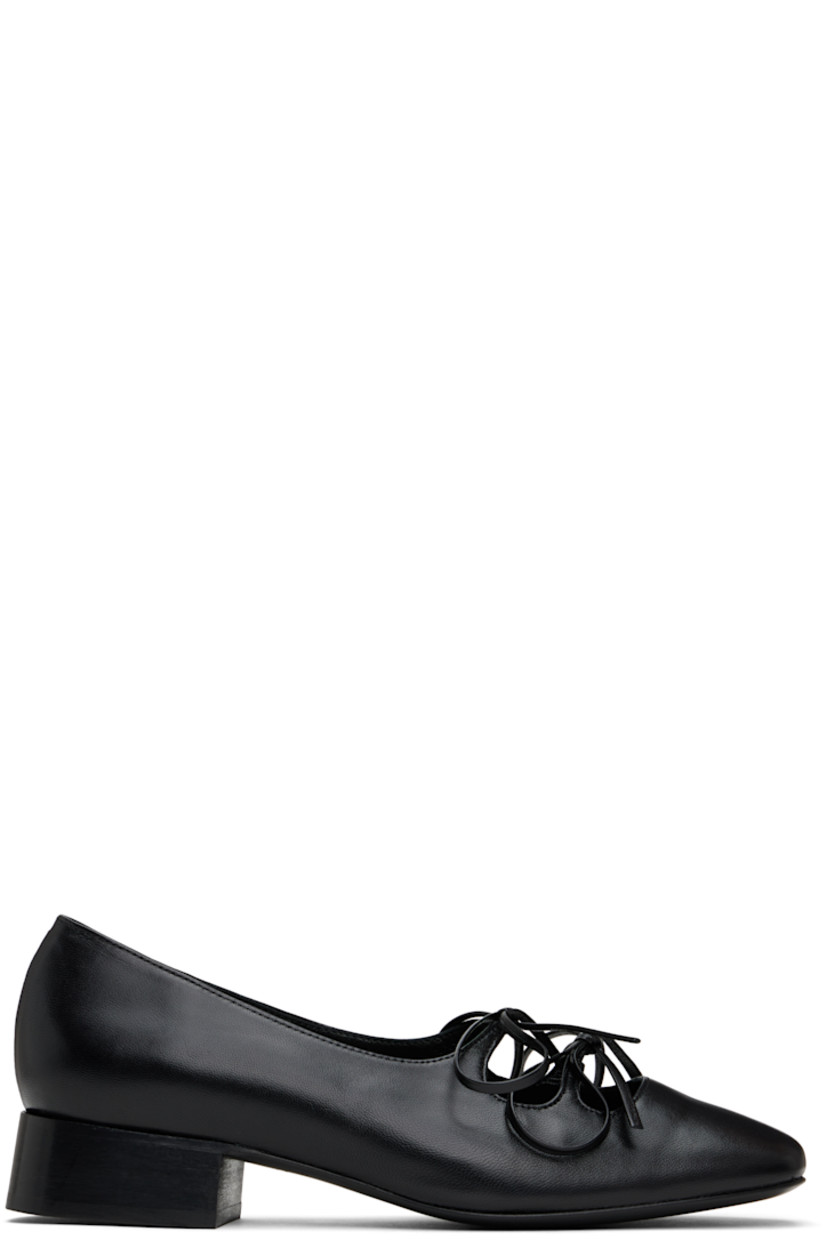 Buffed leather Mary Jane-style loafers in black. 

· Square toe
· Self-tie fastening at vamp
· Logo printed at padded footbed
· Buffed leather and suede lining
· Stacked leather block heel with rubber injection
· Leather sole
· Heel: H1.5"

Supplier color: Black