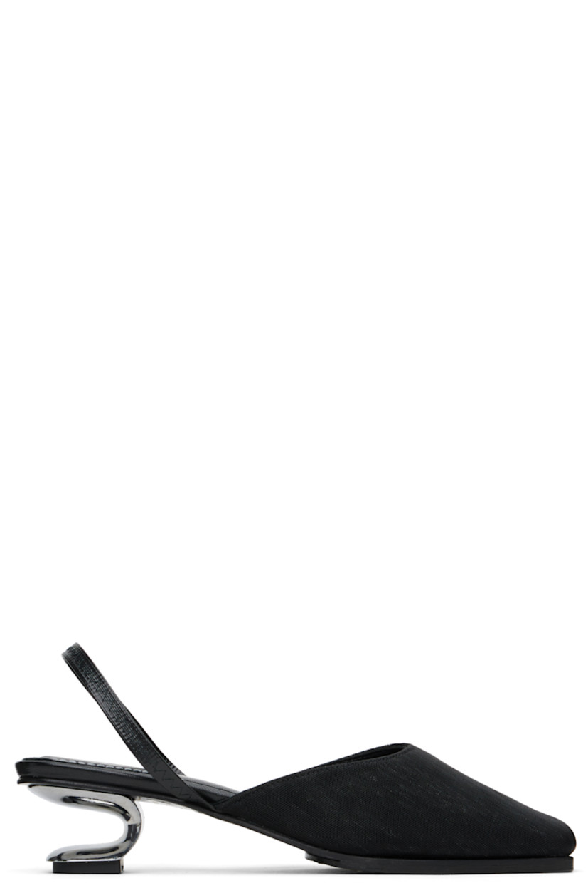Handcrafted mesh heels in black.

· Square toe
· Elasticized slingback strap
· Logo stamp at padded leather footbed
· Grained leather lining
· Sculptural metal kitten heel with rubber injection
· Polished leather sole
· Heel: H1.75"

Supplier color: Black