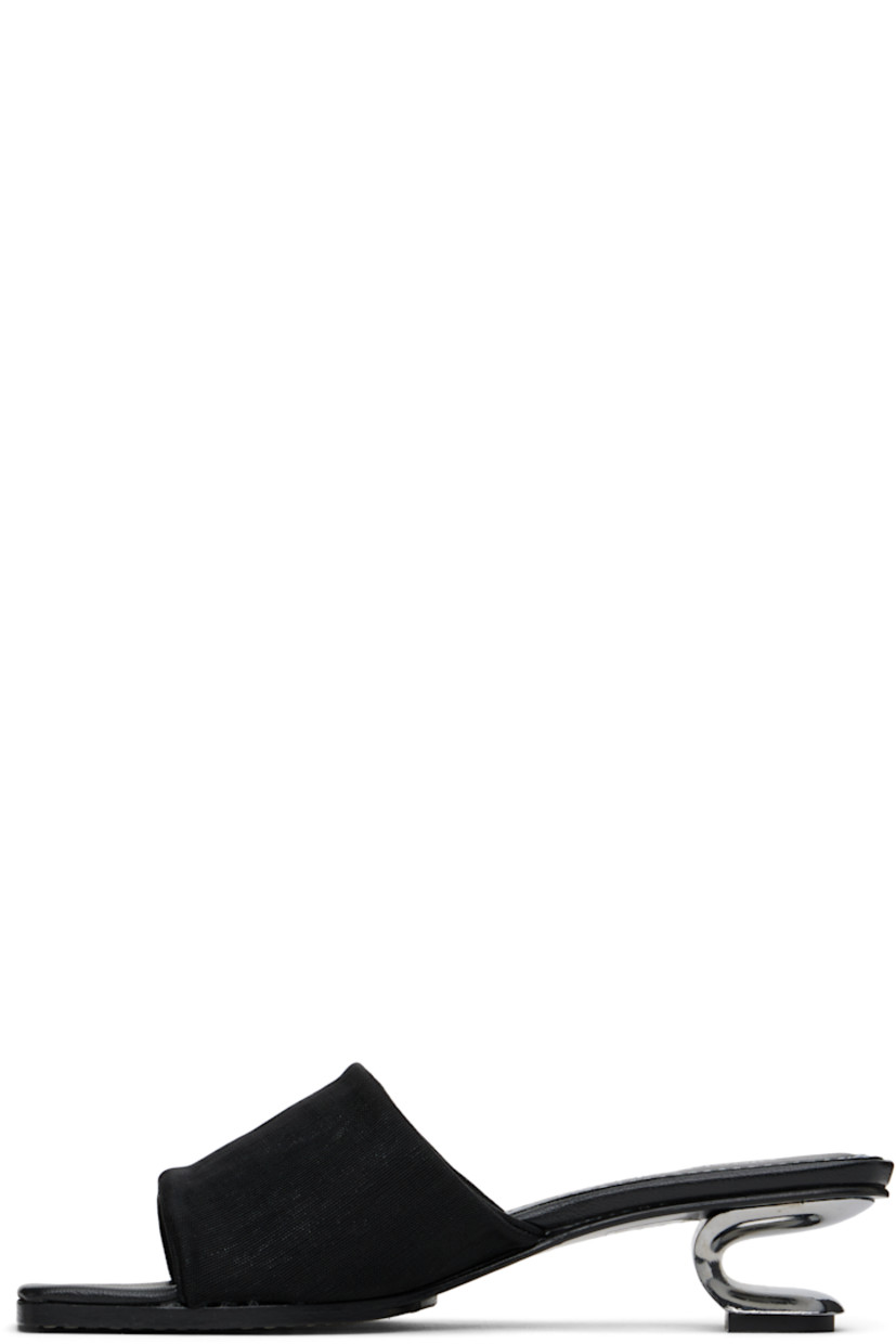 Handcrafted mesh heeled sandals in black. 

· Open square toe
· Logo printed at padded leather footbed
· Sculptural metal kitten heel with rubber injection
· Polished leather sole
· Heel: H1.5"

Supplier color: Black