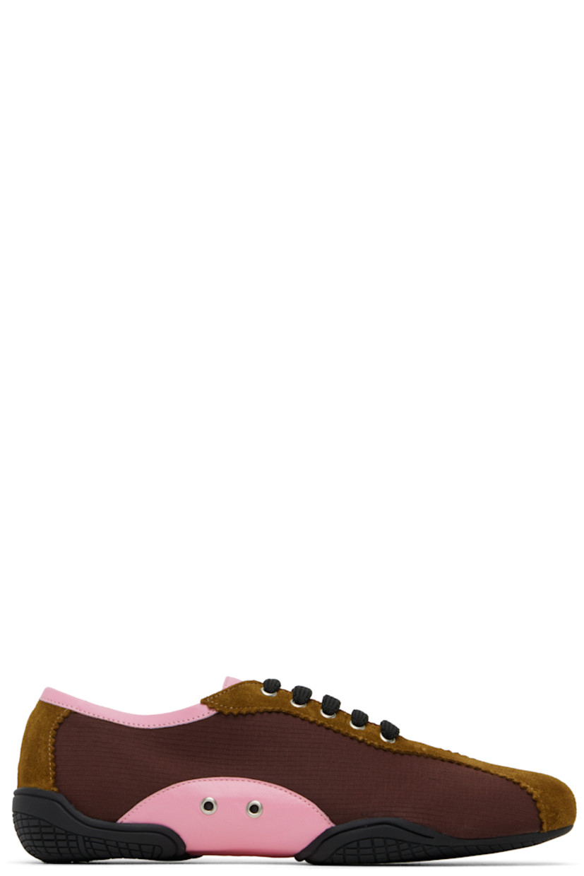 Handcrafted low-top ripstop and suede sneakers in burgundy and tan.

· Serrated edges throughout
· Lace-up closure
· Buffed leather trim in pink at collar and sides
· Eyelets at sides
· Grained leather lining
· Treaded rubber sole

Supplier color: Brown