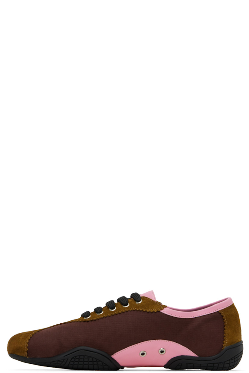 Handcrafted low-top ripstop and suede sneakers in burgundy and tan.

· Serrated edges throughout
· Lace-up closure
· Buffed leather trim in pink at collar and sides
· Eyelets at sides
· Grained leather lining
· Treaded rubber sole

Supplier color: Brown