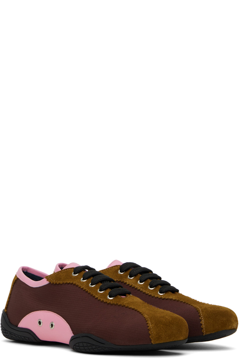 Handcrafted low-top ripstop and suede sneakers in burgundy and tan.

· Serrated edges throughout
· Lace-up closure
· Buffed leather trim in pink at collar and sides
· Eyelets at sides
· Grained leather lining
· Treaded rubber sole

Supplier color: Brown