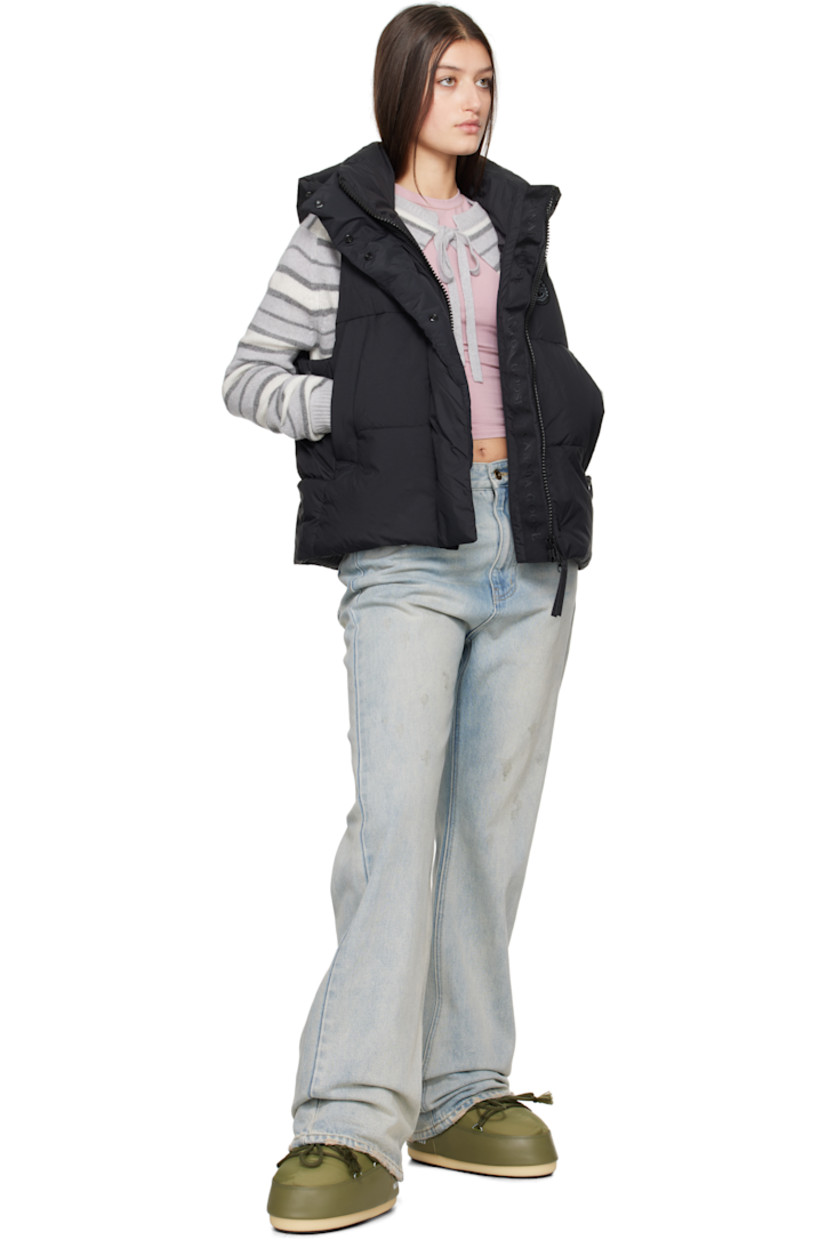 Down-filled and quilted nylon taffeta vest.

· Bungee-style drawstring at detachable hood
· Stand collar
· Two-way zip closure with press-stud placket
· Embroidered logo patch at chest
· Zip pockets
· Bungee-style drawstring at hem
· Patch pocket at interior
· Full satin lining

Part of the Black Label collection.

Supplier color: Black

Fill: 90% duck down, 10% duck feather.