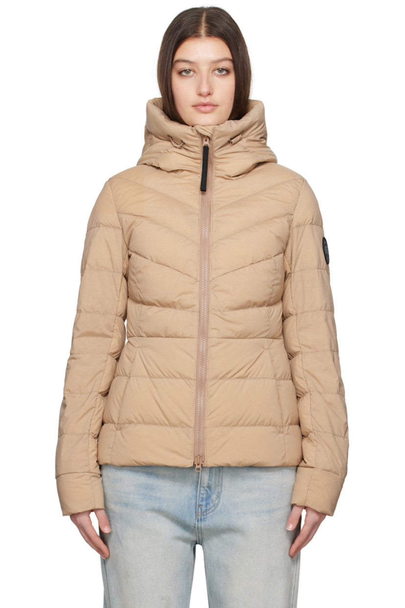 Down-filled and quilted stretch nylon taffeta jacket. Lightweight, wind-resistant, and water-repellent.

· Bungee-style drawstring at hood
· Funnel neck
· Two-way zip closure
· Zip pockets
· Embroidered logo patch at sleeve
· Logo-woven shoulder straps at interior
· Zip pocket at interior
· Fully lined

Part of the Black Label collection.

Supplier color: Desert sand

Fill: 90% duck down, 10% duck feather.