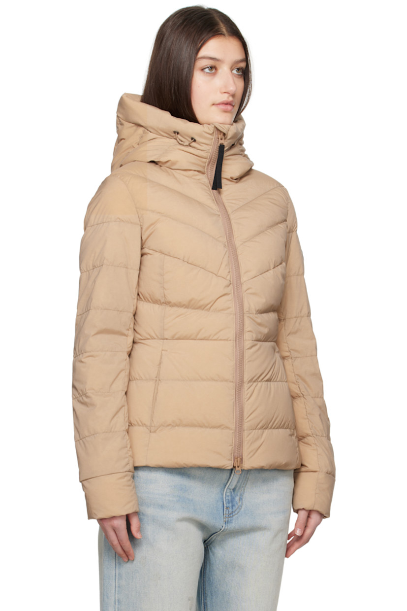 Down-filled and quilted stretch nylon taffeta jacket. Lightweight, wind-resistant, and water-repellent.

· Bungee-style drawstring at hood
· Funnel neck
· Two-way zip closure
· Zip pockets
· Embroidered logo patch at sleeve
· Logo-woven shoulder straps at interior
· Zip pocket at interior
· Fully lined

Part of the Black Label collection.

Supplier color: Desert sand

Fill: 90% duck down, 10% duck feather.