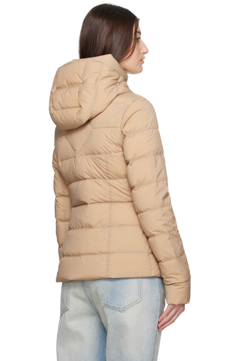 Down-filled and quilted stretch nylon taffeta jacket. Lightweight, wind-resistant, and water-repellent.

· Bungee-style drawstring at hood
· Funnel neck
· Two-way zip closure
· Zip pockets
· Embroidered logo patch at sleeve
· Logo-woven shoulder straps at interior
· Zip pocket at interior
· Fully lined

Part of the Black Label collection.

Supplier color: Desert sand

Fill: 90% duck down, 10% duck feather.