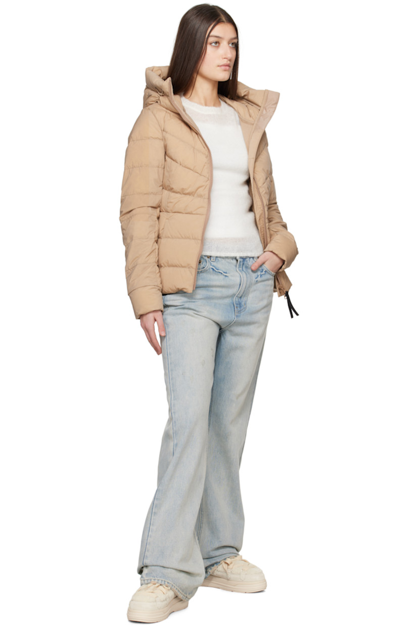 Down-filled and quilted stretch nylon taffeta jacket. Lightweight, wind-resistant, and water-repellent.

· Bungee-style drawstring at hood
· Funnel neck
· Two-way zip closure
· Zip pockets
· Embroidered logo patch at sleeve
· Logo-woven shoulder straps at interior
· Zip pocket at interior
· Fully lined

Part of the Black Label collection.

Supplier color: Desert sand

Fill: 90% duck down, 10% duck feather.