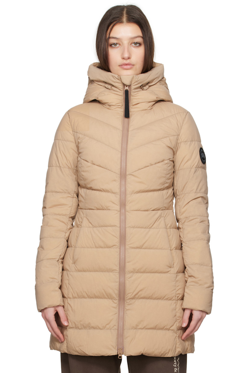 Down-filled and quilted stretch nylon taffeta coat. Lightweight, wind-resistant and water-repellent.

· Bungee-style drawstring at hood
· Funnel neck
· Two-way zip closure
· Zip pockets
· Embroidered logo patch at sleeve
· Logo-woven shoulder straps at interior
· Zip pocket at interior
· Fully lined

Part of the Black Label collection.

Supplier color: Desert sand

Fill: 90% duck down, 10% duck feather.