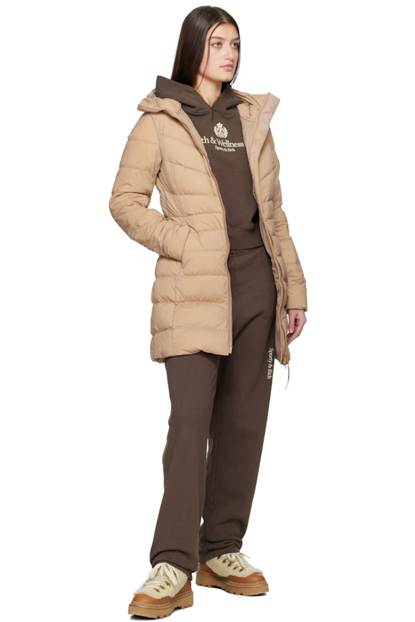 Down-filled and quilted stretch nylon taffeta coat. Lightweight, wind-resistant and water-repellent.

· Bungee-style drawstring at hood
· Funnel neck
· Two-way zip closure
· Zip pockets
· Embroidered logo patch at sleeve
· Logo-woven shoulder straps at interior
· Zip pocket at interior
· Fully lined

Part of the Black Label collection.

Supplier color: Desert sand

Fill: 90% duck down, 10% duck feather.