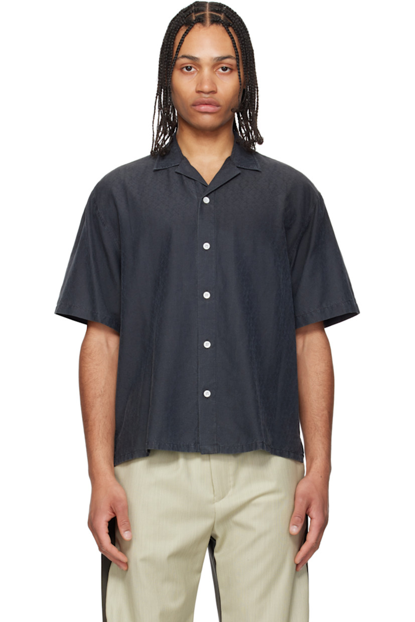 Cotton- and silk-blend gauze shirt. Subtle fading and jacquard graphic pattern throughout. 

· Open spread collar
· Button closure
· Vented side seams
· Dropped shoulders
· Twin pleats at back yoke

Supplier color: Black
