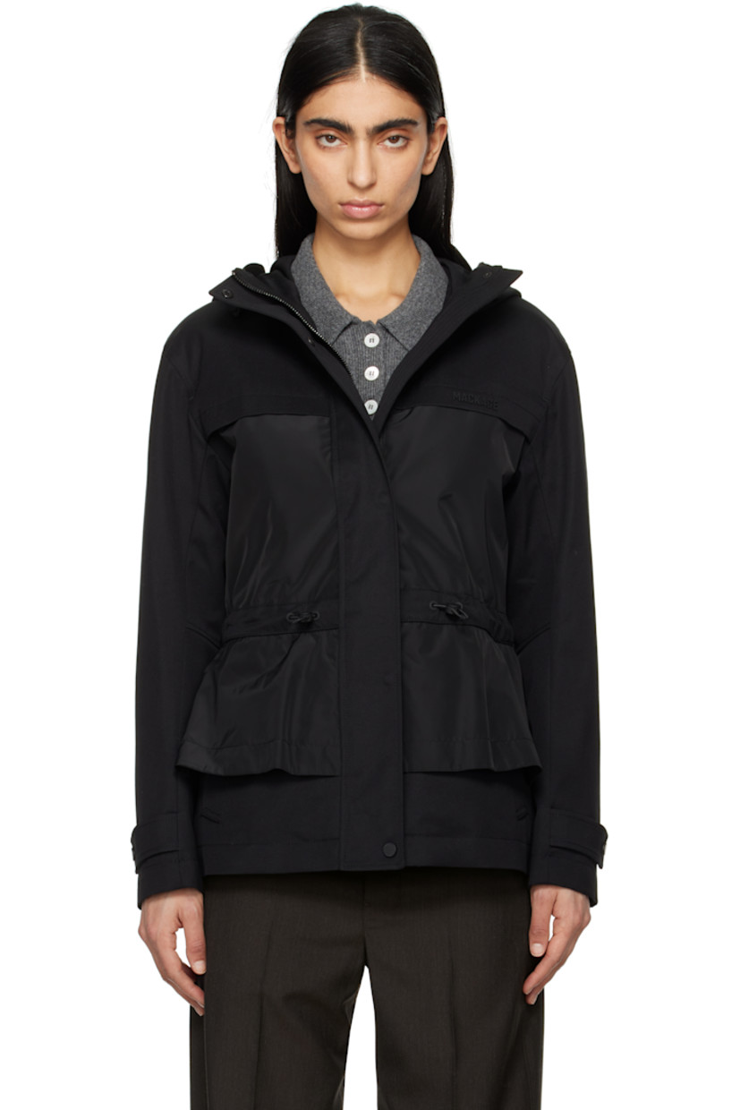 Polyester- and cotton-blend gabardine and recycled polyester taffeta jacket.

· Water-resistant
· Paneled construction
· Bungee-style drawstring at hood
· Stand collar
· Logo bonded at chest
· Welt pockets and drawstring at waist
· Peplum hem
· Press-stud tab at cuffs
· Zip pocket at interior
· Full cotton poplin lining

Supplier color: Black