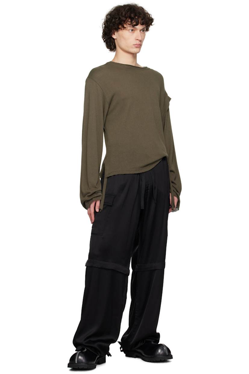 Wide-leg stretch viscose-blend satin cargo pants. Raw edges throughout.

· Drawstring at waistband and cuffs
· Four-pocket styling
· Zip fly
· Pleat and drawstring at knees
· Cargo pocket at outseams
· Rubberized logo patch at back waistband
· Logo flag at back

Supplier color: Black