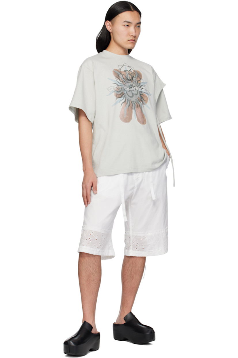 Stretch polyester-blend twill and broderie anglaise shorts. Raw edges and embroidered floral pattern throughout.

· Paneled construction
· Drawstring at elasticized waistband
· Trim with button fastening at waistband
· Four-pocket styling
· Offset zip fly
· Logo patch at front
· Drawstring at cuffs
· Logo flag at back pocket

Supplier color: White