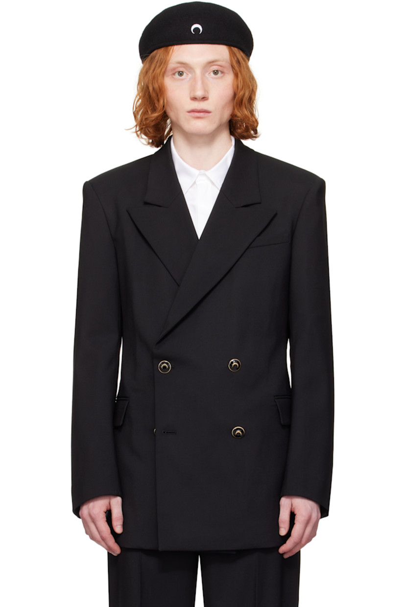 Stretch RWS-certified virgin wool twill blazer.

· Peaked lapel
· Double-breasted button closure
· Welt pocket and flap pockets 
· Padded shoulders
· Three-button surgeon's cuffs
· Logo patch at back collar
· Twin vents at back hem
· Welt pockets at interior
· Full logo-woven satin lining
· Enameled logo hardware

Supplier color: Black
