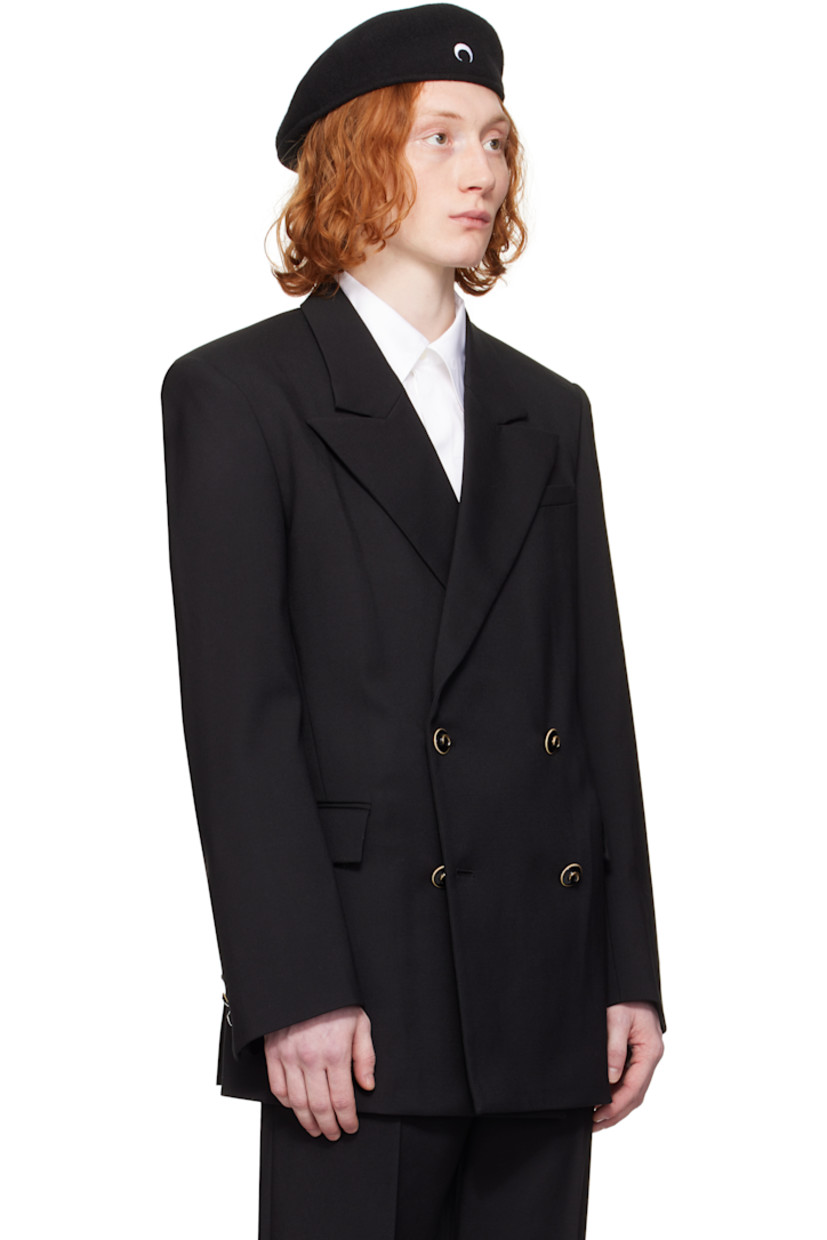 Stretch RWS-certified virgin wool twill blazer.

· Peaked lapel
· Double-breasted button closure
· Welt pocket and flap pockets 
· Padded shoulders
· Three-button surgeon's cuffs
· Logo patch at back collar
· Twin vents at back hem
· Welt pockets at interior
· Full logo-woven satin lining
· Enameled logo hardware

Supplier color: Black
