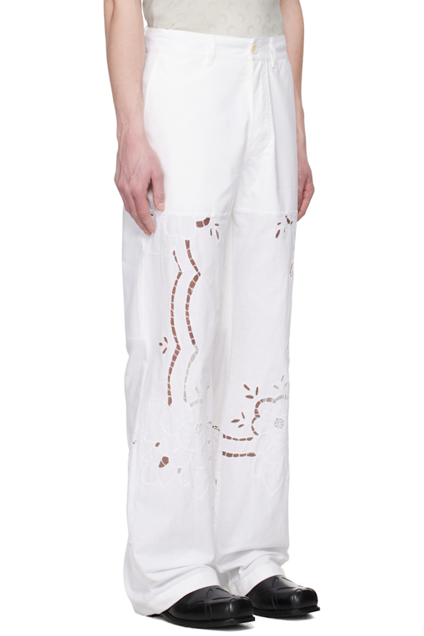 Upcycled cotton hopsack trousers. 

· Loose-fit and straight-leg
· Mid-rise 
· Paneled construction
· Belt loops
· Four-pocket styling 
· Button fly
· Broderie anglaise detailing at legs and back
· Logo embroidered at back pocket

Each item is unique. Please note finishings may vary.

Supplier color: Household linen white