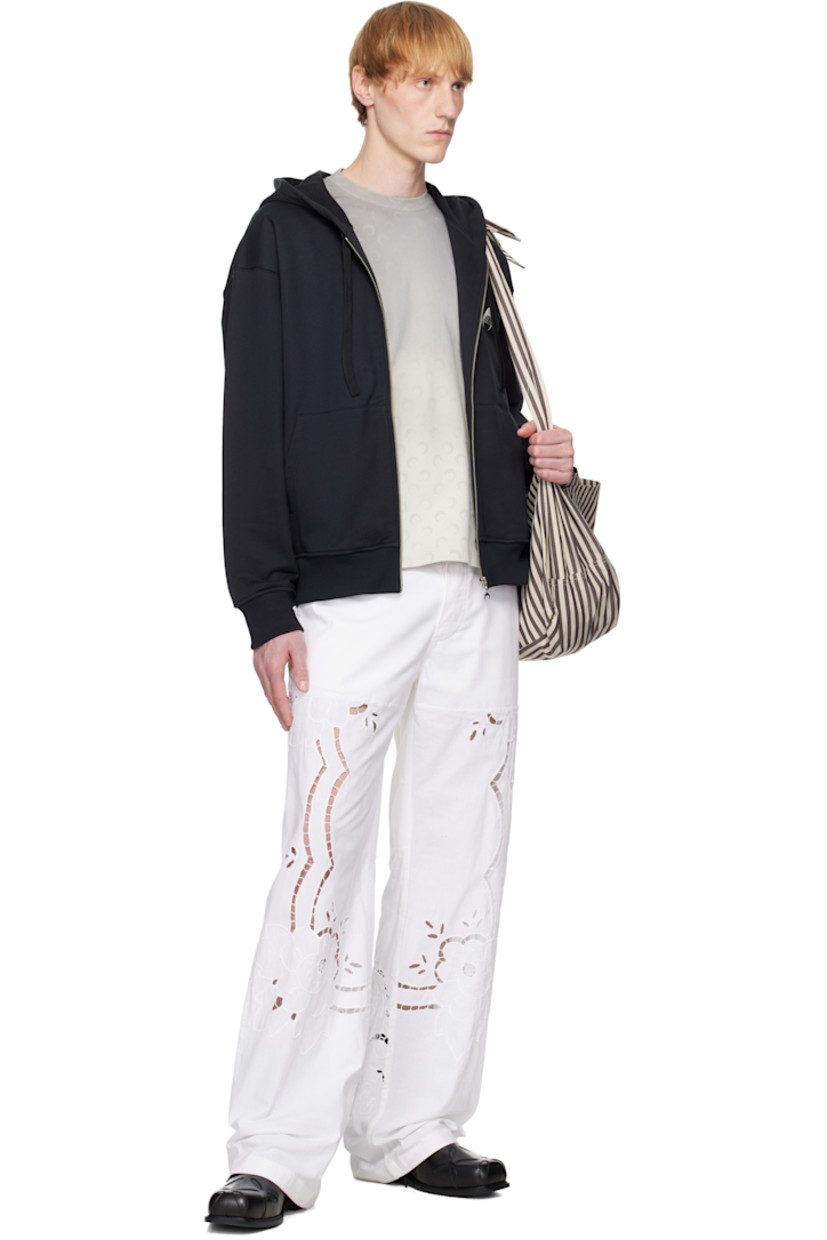 Upcycled cotton hopsack trousers. 

· Loose-fit and straight-leg
· Mid-rise 
· Paneled construction
· Belt loops
· Four-pocket styling 
· Button fly
· Broderie anglaise detailing at legs and back
· Logo embroidered at back pocket

Each item is unique. Please note finishings may vary.

Supplier color: Household linen white
