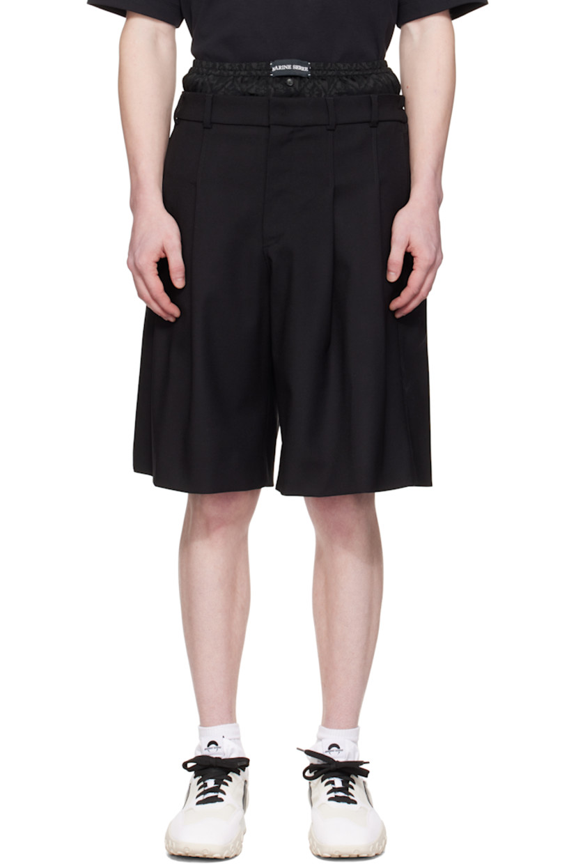Relaxed-fit stretch virgin wool twill shorts.

· Wide-leg
· Layered construction
· Logo patch at elasticized boxers-style underlay
· Belt loops
· Four-pocket styling
· Zip-fly
· Pleats at front


Supplier color: Black