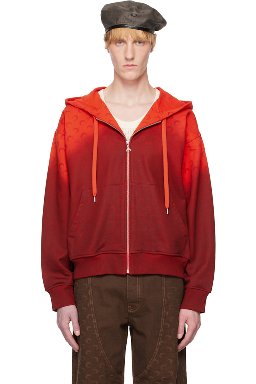 Regenerative- and recycled cotton-blend French terry hoodie. Fading and printed logo pattern throughout.

· GOTS-certified cotton
· Drawstring at hood
· Zip closure
· Patch pockets
· Rib-knit hem and cuffs
· Dropped shoulders
· Logo patch at back collar

Supplier color: Moon faded fleece red