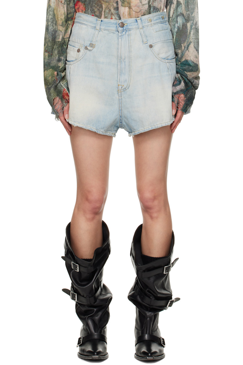 Non-stretch denim shorts. Fading, whiskering, and subtle distressing throughout.

· Double belt loops
· Five-pocket styling
· Zip fly
· Leather logo patch at back waistband
· Logo-engraved antiqued bronze-tone hardware
· Contrast stitching in tan

Supplier color: Toni blue