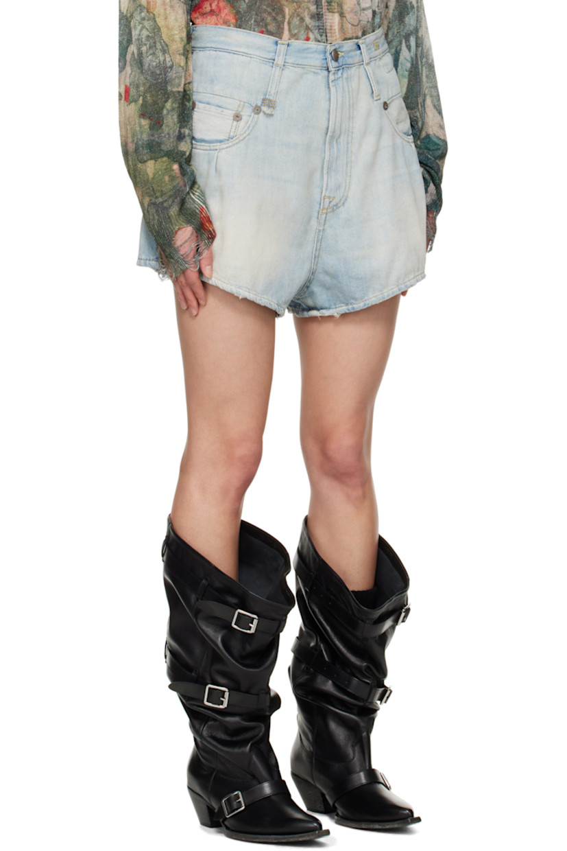 Non-stretch denim shorts. Fading, whiskering, and subtle distressing throughout.

· Double belt loops
· Five-pocket styling
· Zip fly
· Leather logo patch at back waistband
· Logo-engraved antiqued bronze-tone hardware
· Contrast stitching in tan

Supplier color: Toni blue