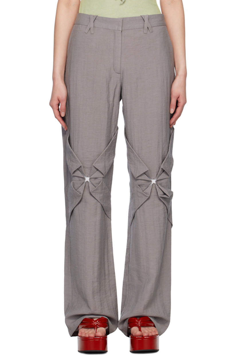 Straight-leg crinkled plain-woven rayon- and nylon-blend trousers. 

· Mid-rise
· Belt loops
· Four-pocket styling
· Zip fly
· Hand-stitched floral smocking at knees
· Hand-stitched pleats at back pockets

Supplier color: Stone gray