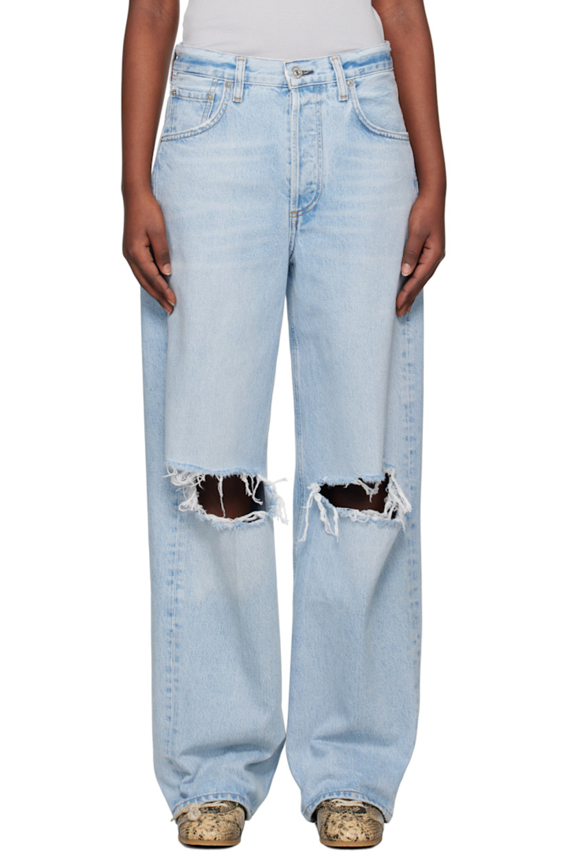 Heavyweight non-stretch regenerative cotton-blend denim jeans. Distressing, fading, and whiskering throughout.

· Loose-fit
· Mid-rise
· Belt loops and logo flag at waistband
· Five-pocket styling
· Button fly
· Rip at knees
· Leather logo patch at back waistband
· Logo-engraved silver-tone hardware
· Contrast stitching in tan

Part of the HUMANITY collection.

Supplier color: Pagoda