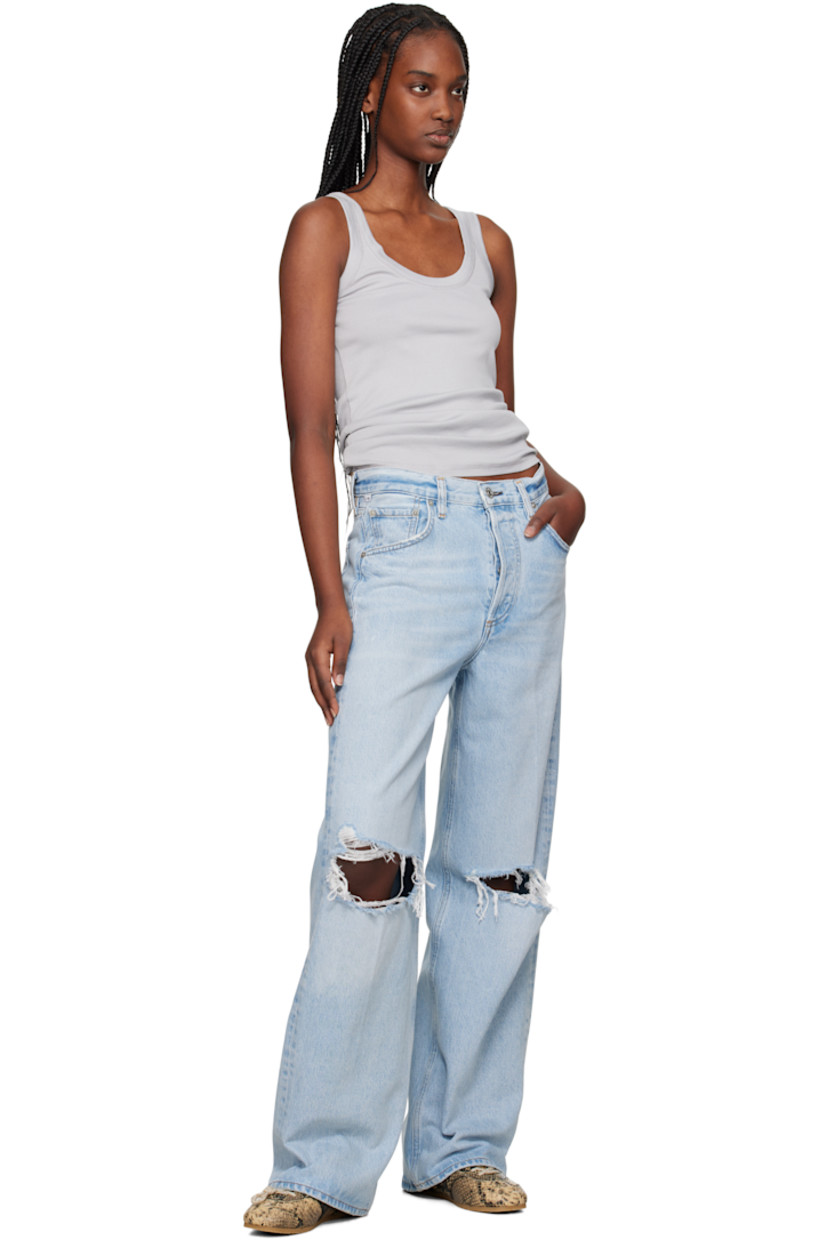 Heavyweight non-stretch regenerative cotton-blend denim jeans. Distressing, fading, and whiskering throughout.

· Loose-fit
· Mid-rise
· Belt loops and logo flag at waistband
· Five-pocket styling
· Button fly
· Rip at knees
· Leather logo patch at back waistband
· Logo-engraved silver-tone hardware
· Contrast stitching in tan

Part of the HUMANITY collection.

Supplier color: Pagoda