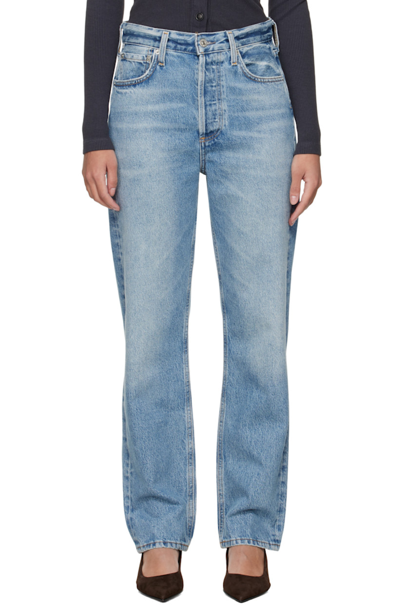Straight-leg non-stretch regenerative cotton denim jeans. Fading and whiskering throughout.

· High-rise
· Belt loops
· Five-pocket styling
· Button fly
· Leather logo patch at back waistband

Part of the HUMANITY collection.

Supplier color: Perri